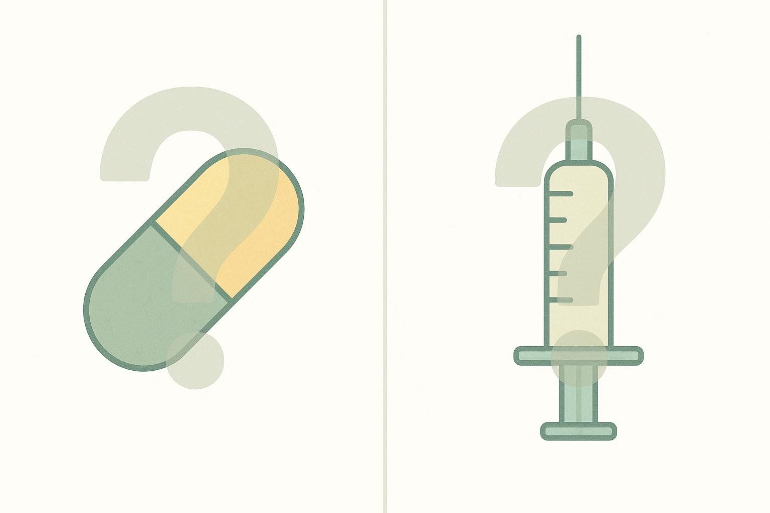 Icons of a pill and a syringe, each covered by a question mark, to show the uncertainty around oral vs. injectable BPC-157.