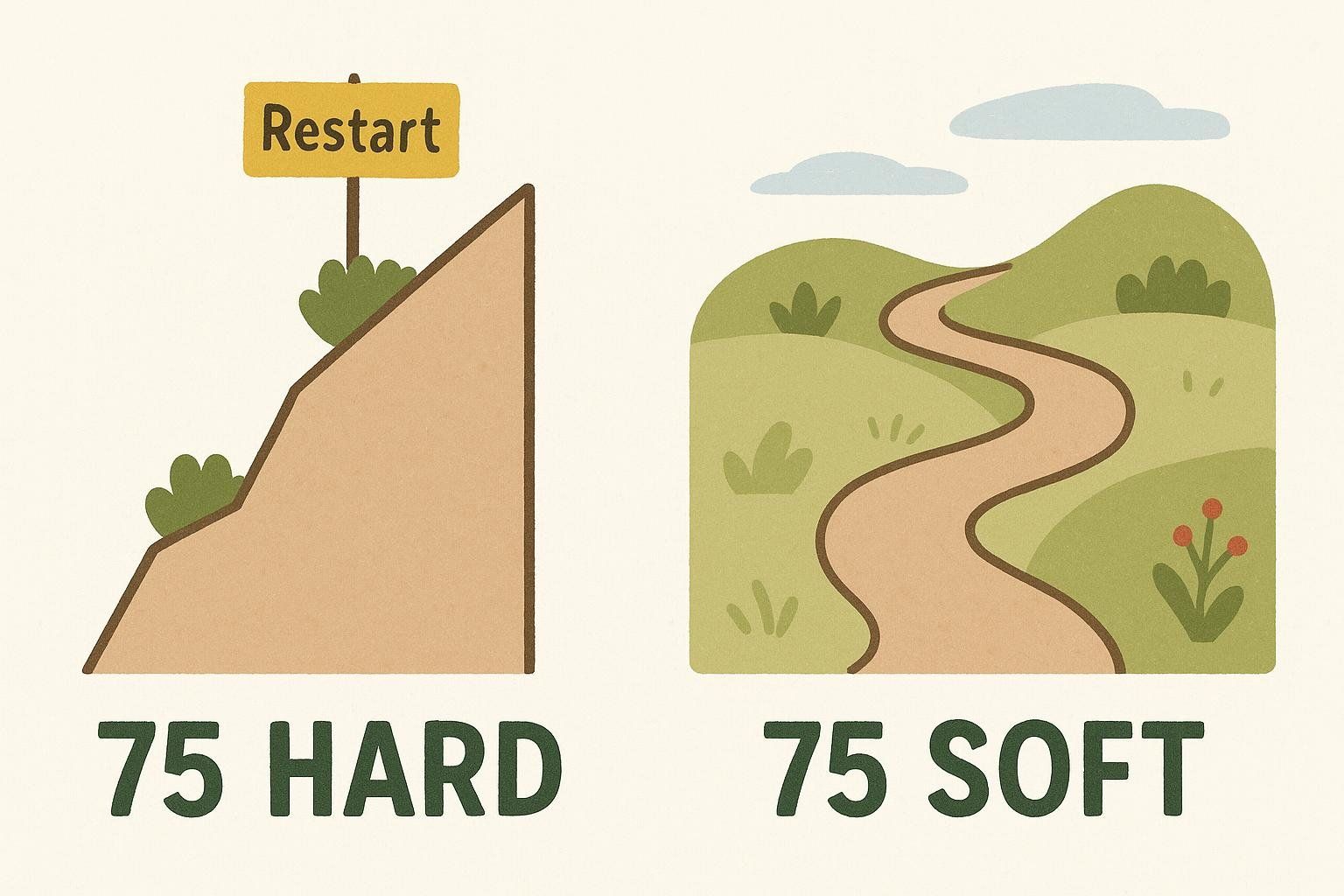 Illustration comparing the rigid path of 75 Hard with the flexible, gentler path of 75 Soft. 75 Hard is depicted as a steep, difficult climb with a 'Restart' sign at the top. 75 Soft is shown as a winding, gentle path through rolling hills.