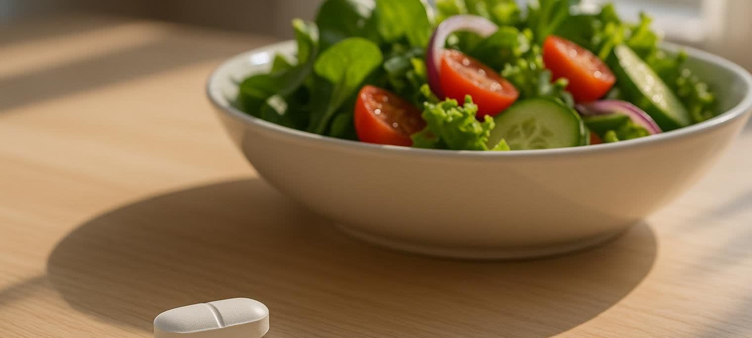 A white pill lies on a light wooden surface in the foreground, with a bowl of vibrant green salad, including lettuce, tomatoes, cucumbers, and red onion, blurred in the background. The scene suggests a combination of medication and healthy eating for wellness.