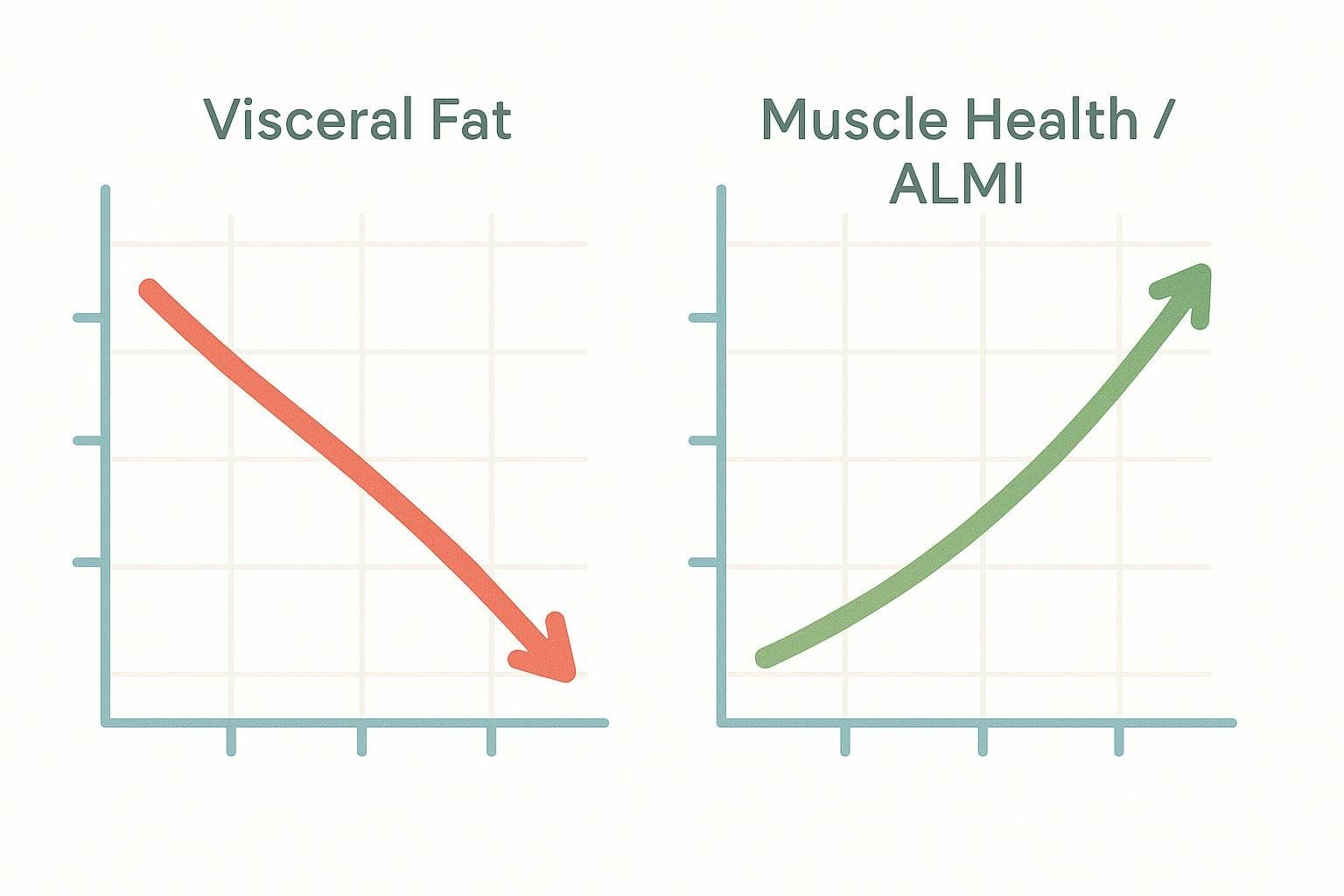 Two graphs illustrating health progress: visceral fat decreasing (red line down) and muscle health increasing (green line up).