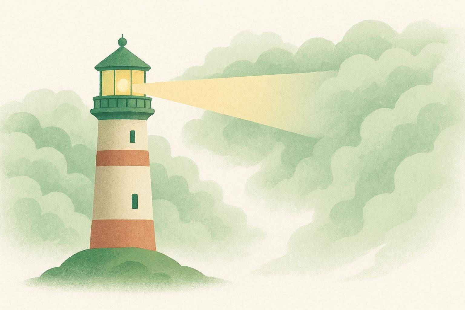 An illustration of a lighthouse casting a bright yellow beam through green, cloudy fog, symbolizing clarity, guidance, or evidence dispelling confusion.