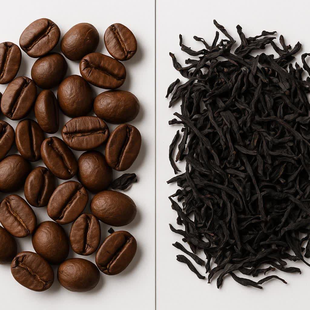 A close-up, overhead shot of a white surface divided in half. On the left side are numerous roasted coffee beans, brown and oval-shaped. On the right side is a pile of dark, dry loose tea leaves. The image visually compares these two ingredients.