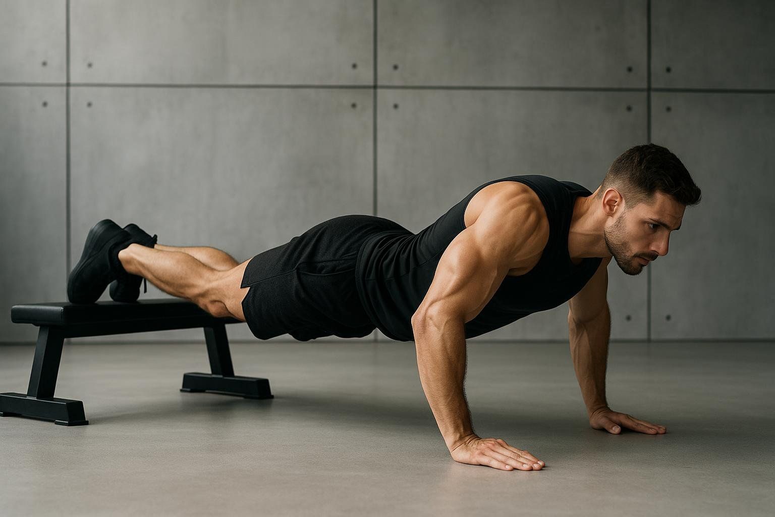 An athlete performing a difficult decline push-up with their feet on a bench.