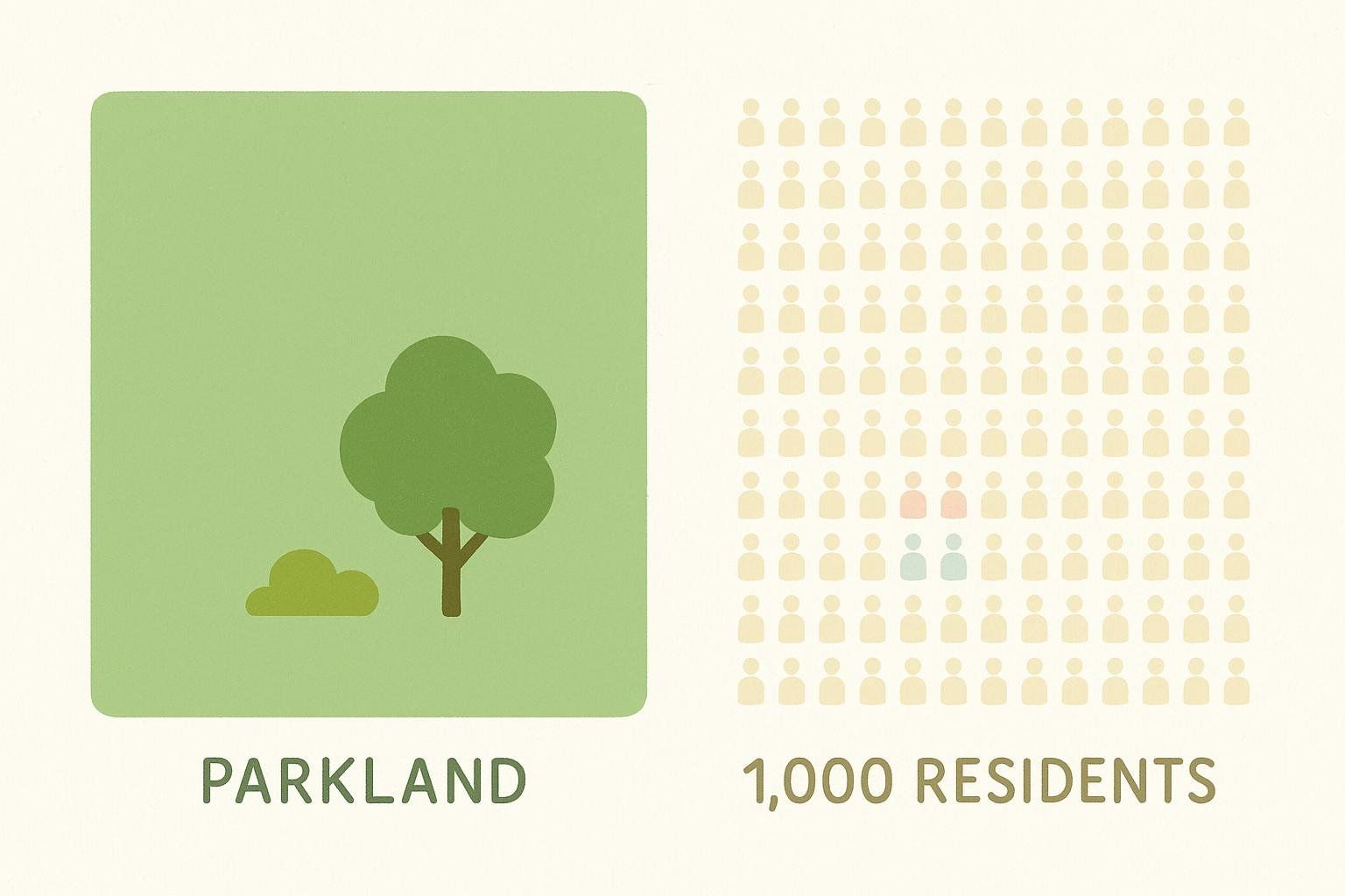 An illustration showing a green square labeled 'PARKLAND' with a tree and bush inside, next to a grid of 100 beige stick figures representing people, with two highlighted in different colors, labeled '1,000 RESIDENTS'.