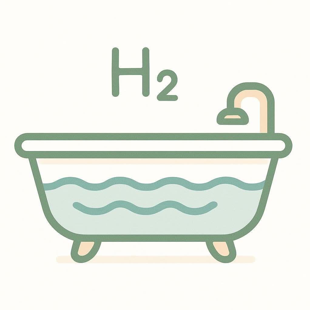 A minimalist icon of a bathtub with the H₂ symbol, representing a hydrogen bath.