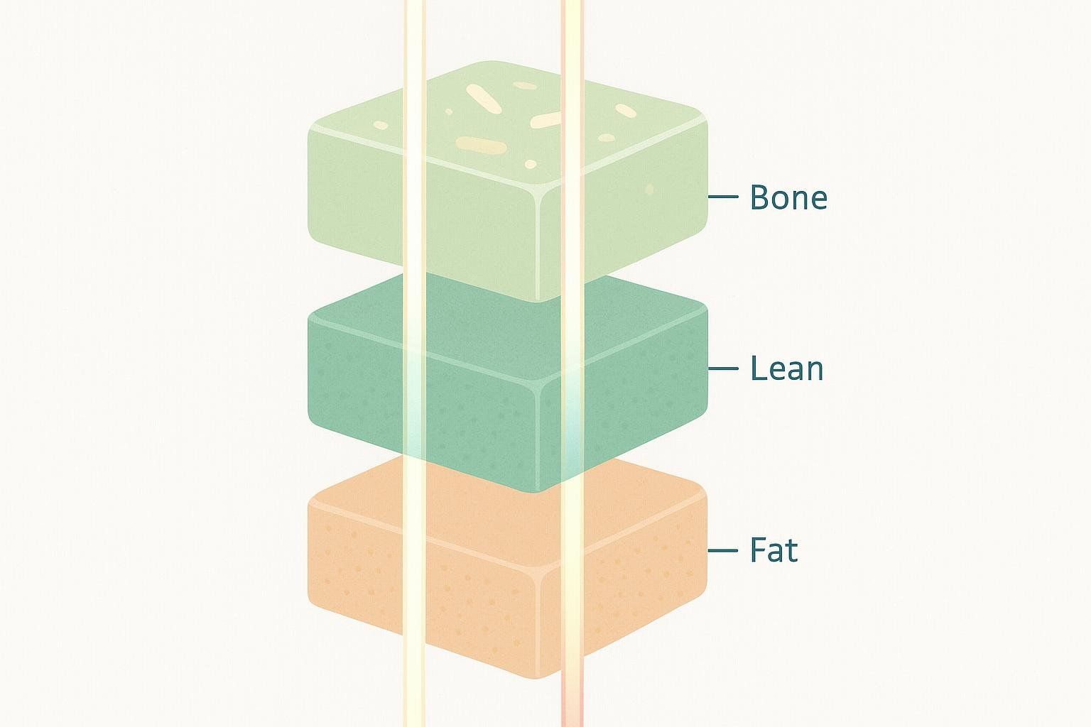 Illustration showing how DEXA works, with two energy beams passing through blocks representing bone, lean tissue, and fat.