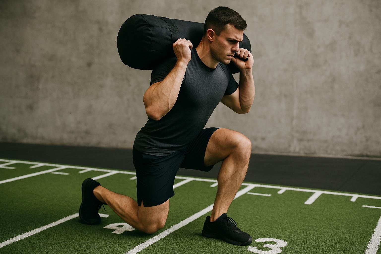 An athlete with good form performing a deep sandbag lunge on a turf track. He is wearing a dark t-shirt and shorts, and is holding a black sandbag across his shoulders. The turf is green with white markings, resembling a sports field.