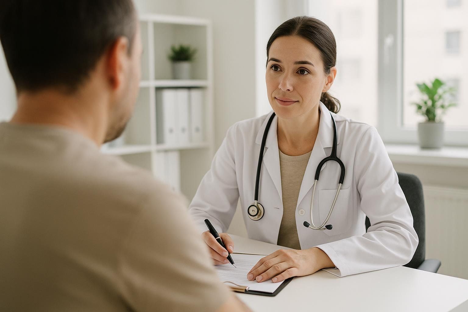 A female doctor in a white lab coat and stethoscope smiles gently while taking notes on a clipboard during a consultation with a male patient sitting across from her. The patient is seen from behind, and the room is bright with a window in the background.