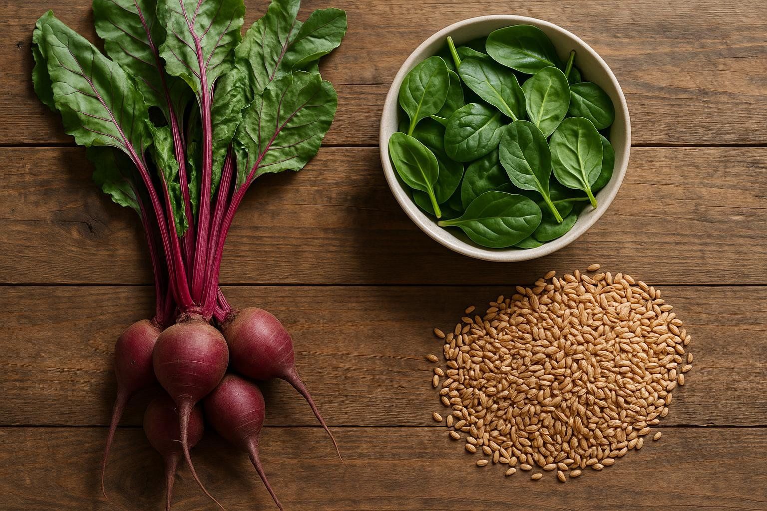 A flat lay image on a wooden surface showing a bunch of fresh beets with their leaves, a bowl of spinach leaves, and a pile of wheat grains. These ingredients are natural dietary sources of TMG.