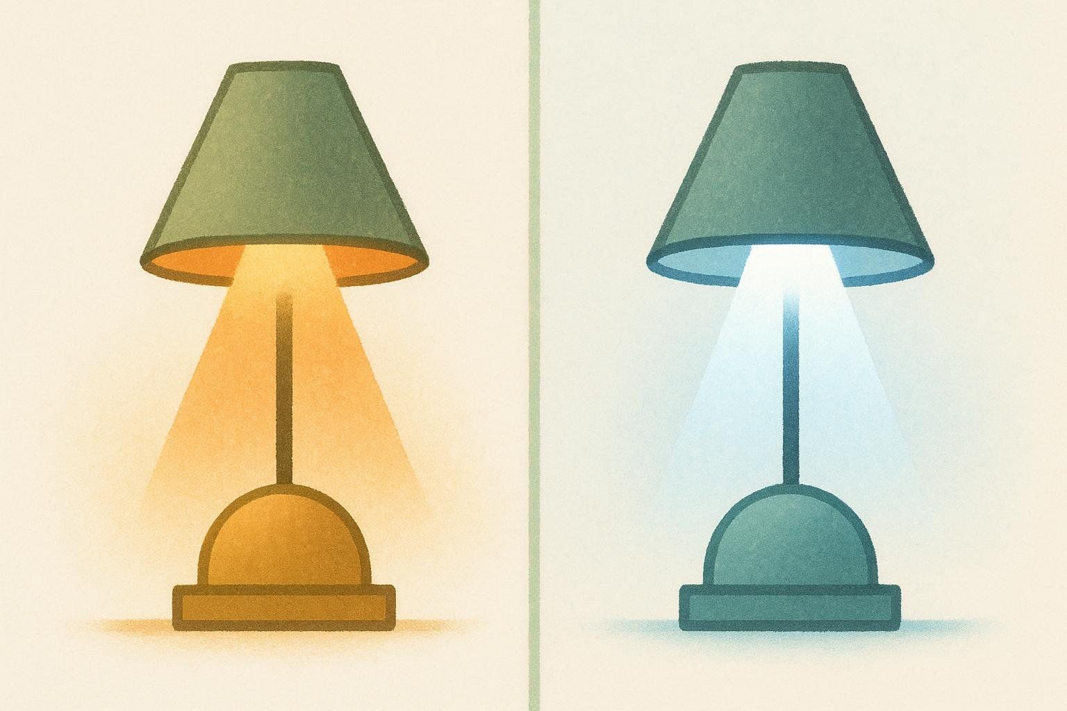 An illustration comparing two lamps with a dark green shade and base. The lamp on the left emits a warm, orange-yellow light, while the lamp on the right emits a cool, blue-white light, illustrating different color temperatures.