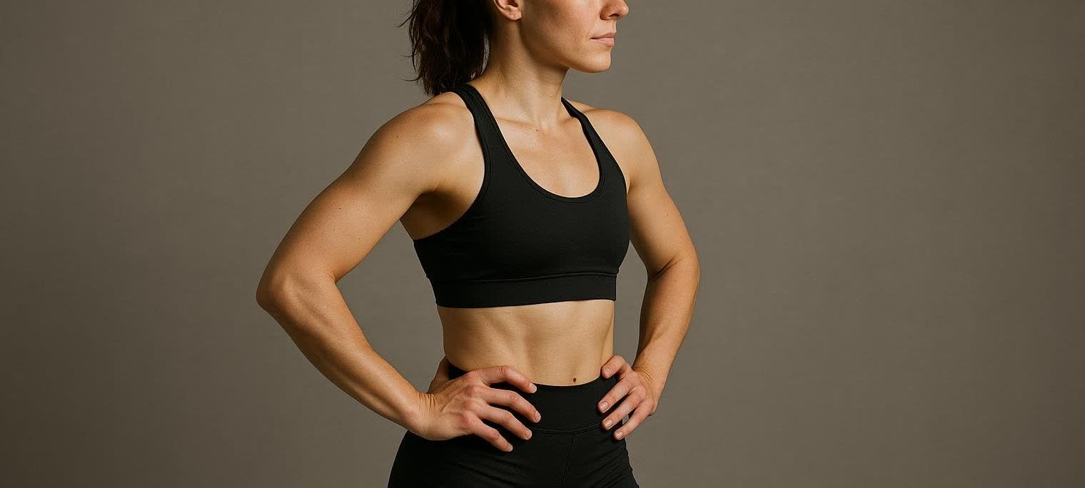 A fit woman with a lean, athletic physique stands against a neutral background, showcasing healthy muscle tone.