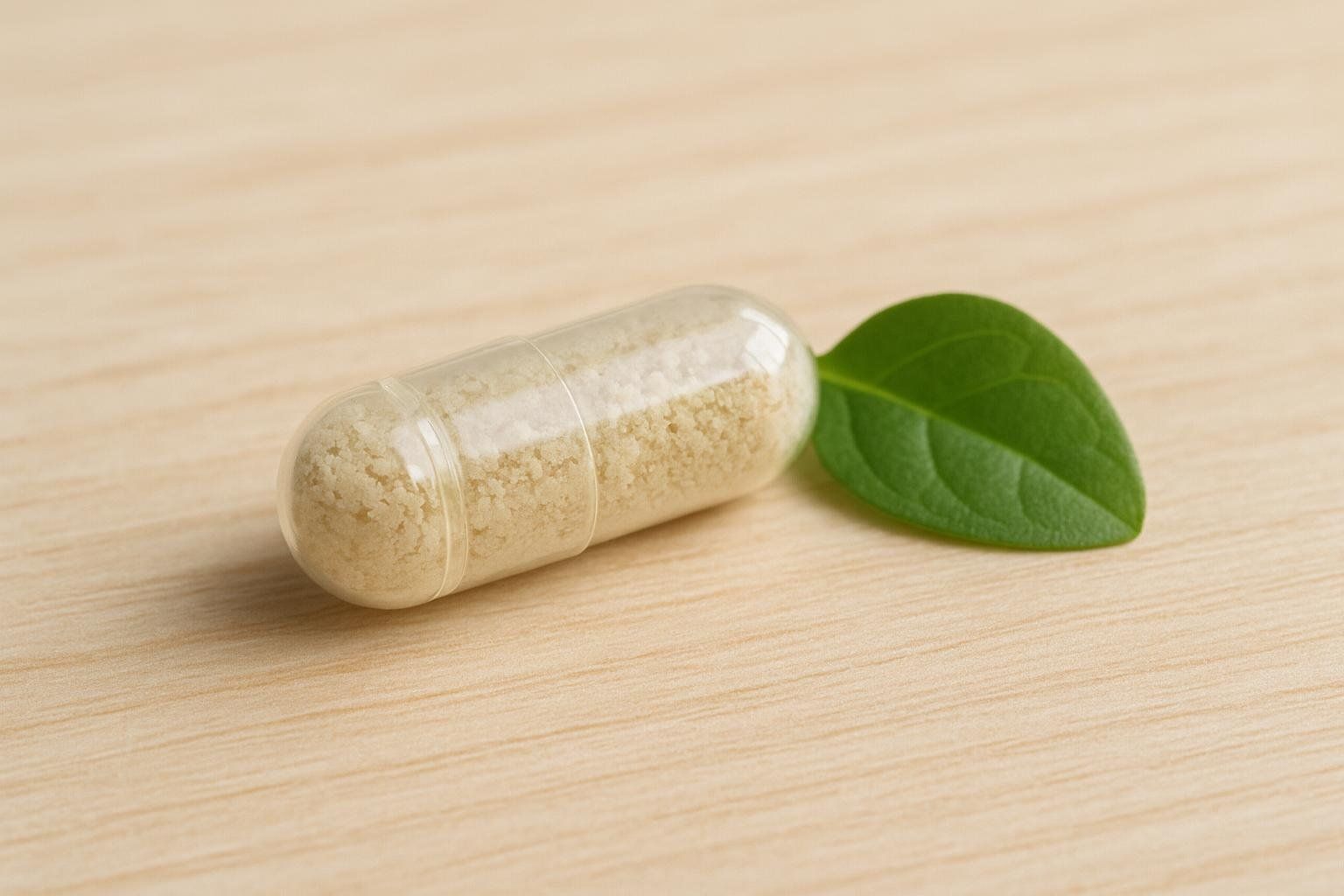 A clear supplement capsule filled with a light brown powder rests on a light wood surface, a single green leaf tucked alongside it.
