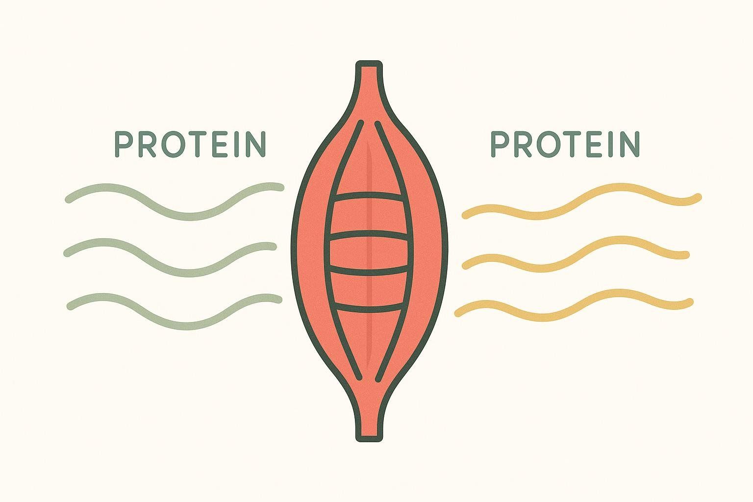 Abstract illustration showing a red muscle fiber with green and yellow wavy lines labeled "PROTEIN" on either side, representing protein synthesis.