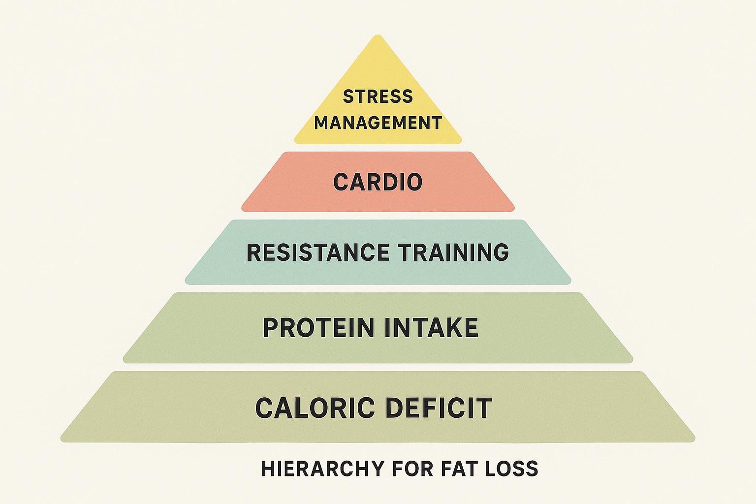 A pyramid chart titled 'Hierarchy for Fat Loss', illustrating the priorities for fat loss. From bottom to top: Caloric Deficit, Protein Intake, Resistance Training, Cardio, and Stress Management.