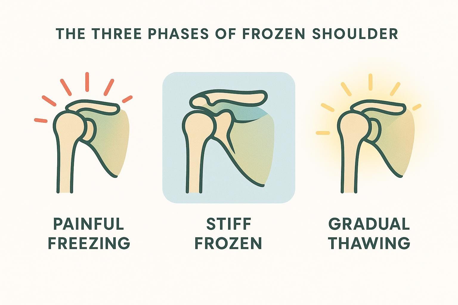 Infographic showing the three phases of frozen shoulder. The first phase, painful freezing, shows a shoulder joint with red lines indicating pain. The second phase, stiff frozen, shows a shoulder joint on a light blue background indicating stiffness. The third phase, gradual thawing, shows a shoulder joint with yellow lines indicating improvement and healing.