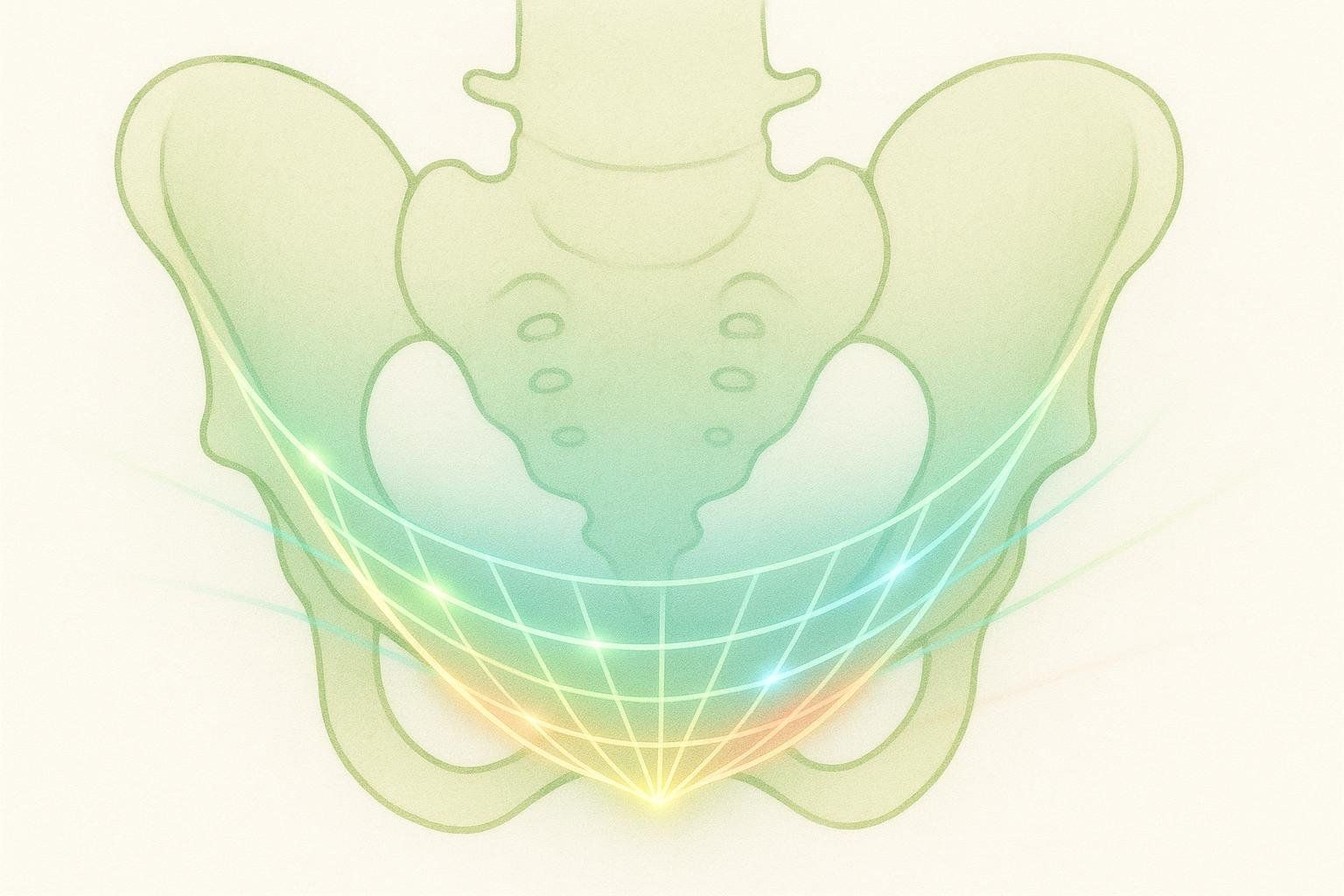 An abstract illustration of the human pelvis with a glowing, grid-like structure forming a hammock shape underneath, representing the pelvic floor and innovative health technology.