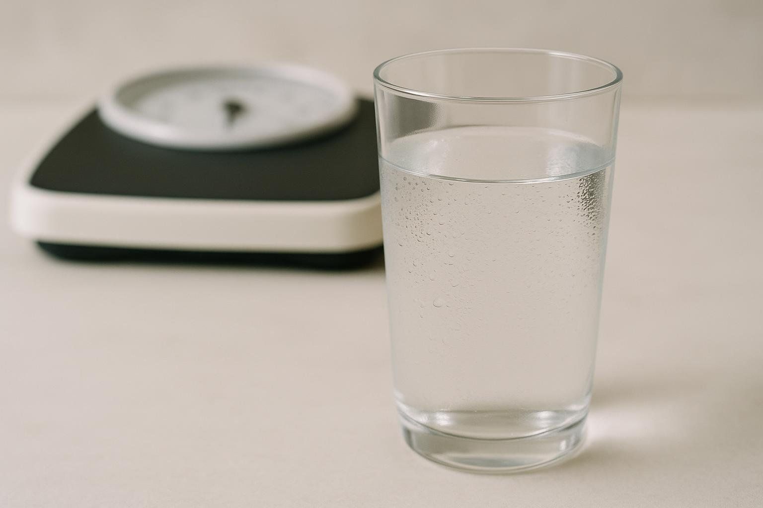 A clear glass of water with condensation, in sharp focus, sitting in front of a blurred bathroom scale, suggesting themes of hydration, weight, and health.
