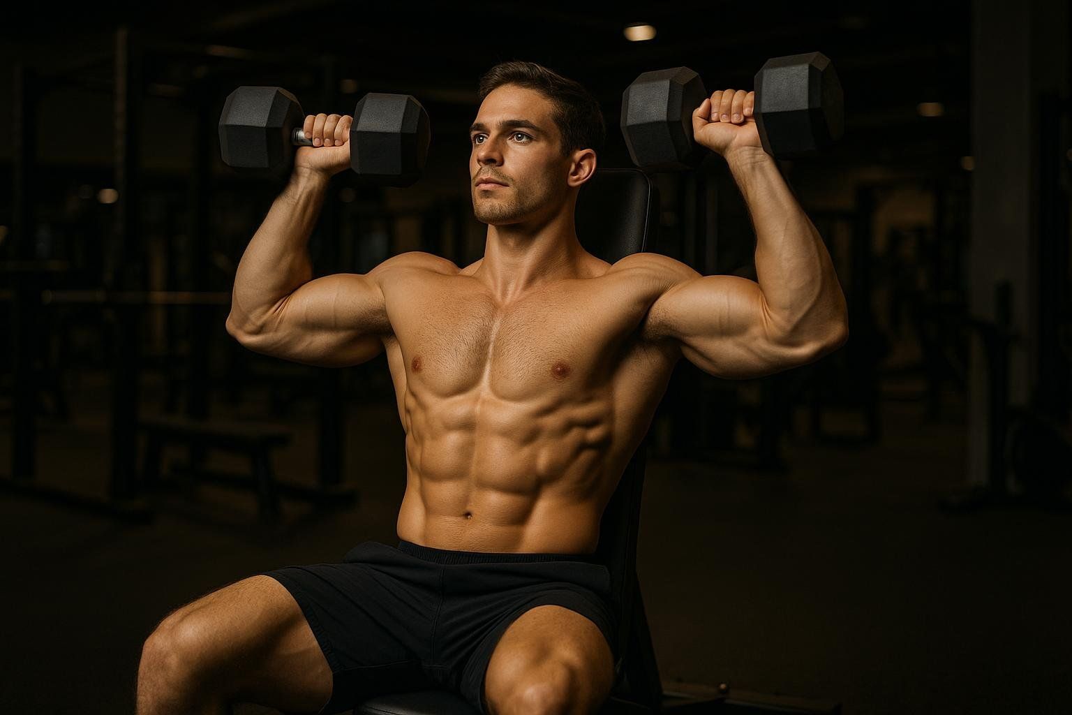 An athletic man with a muscular build, representing a mesomorph, lifts dumbbells in a gym, performing a shoulder press while seated.