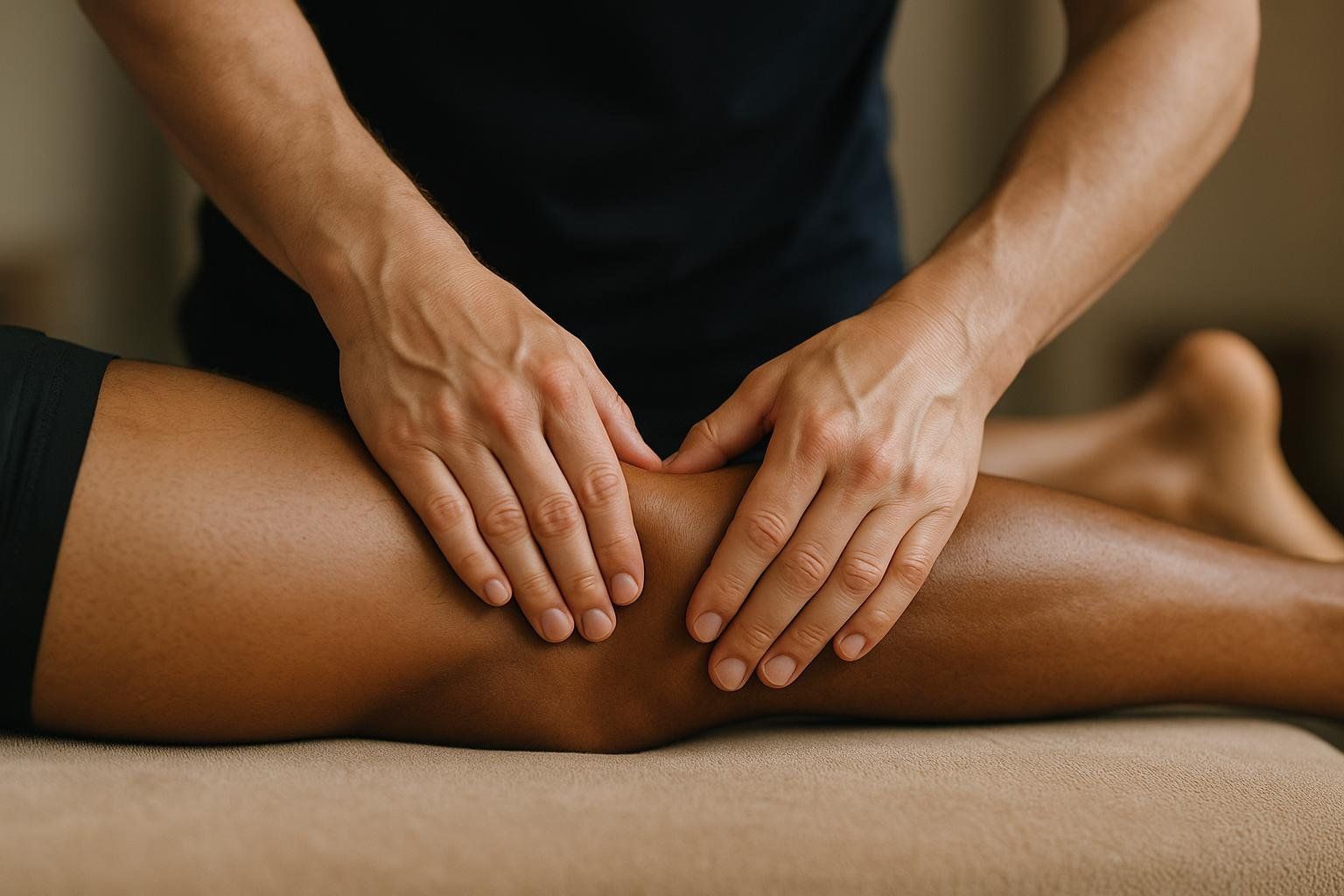 Close-up of a massage therapist's hands massaging the leg, possibly the quadriceps or hamstring area, of a person lying on a massage table. The therapist is wearing a dark shirt and the person receiving the massage has dark skin and is wearing dark shorts.