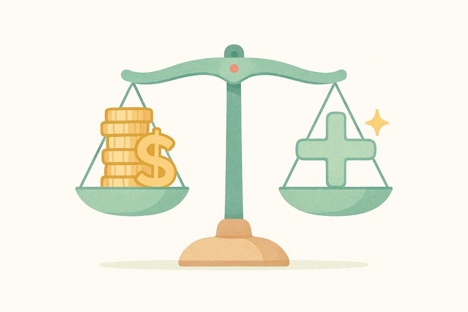 Illustration of a balance scale with stacked coins on one side and a large green plus sign on the other, representing the weighing of monetary cost against benefits.