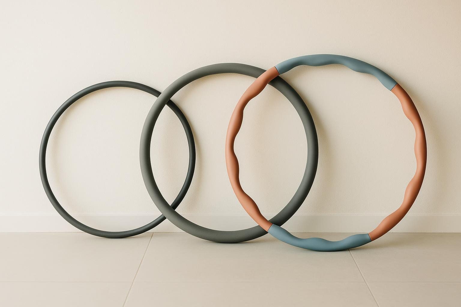 Three different weighted hula hoops with varying weights and padding options.