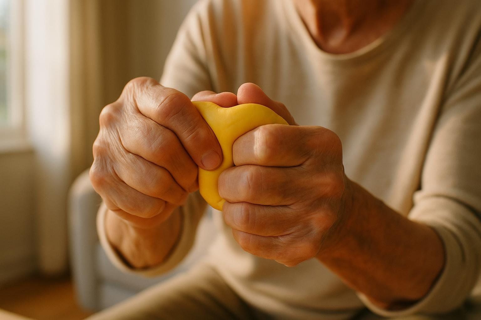 Close-up of an older adult's hands with visible wrinkles, gently squeezing a bright yellow piece of therapeutic putty. The background is softly blurred with warm, natural light filtering in, creating a positive and therapeutic ambiance.