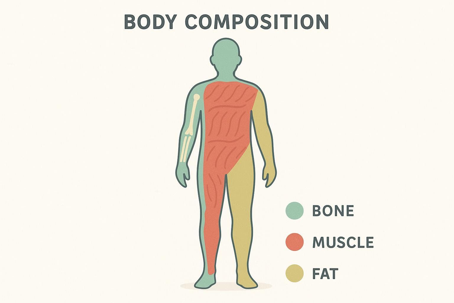 An abstract illustration of a human body divided into sections of bone, muscle, and fat, representing what a DEXA scan measures.