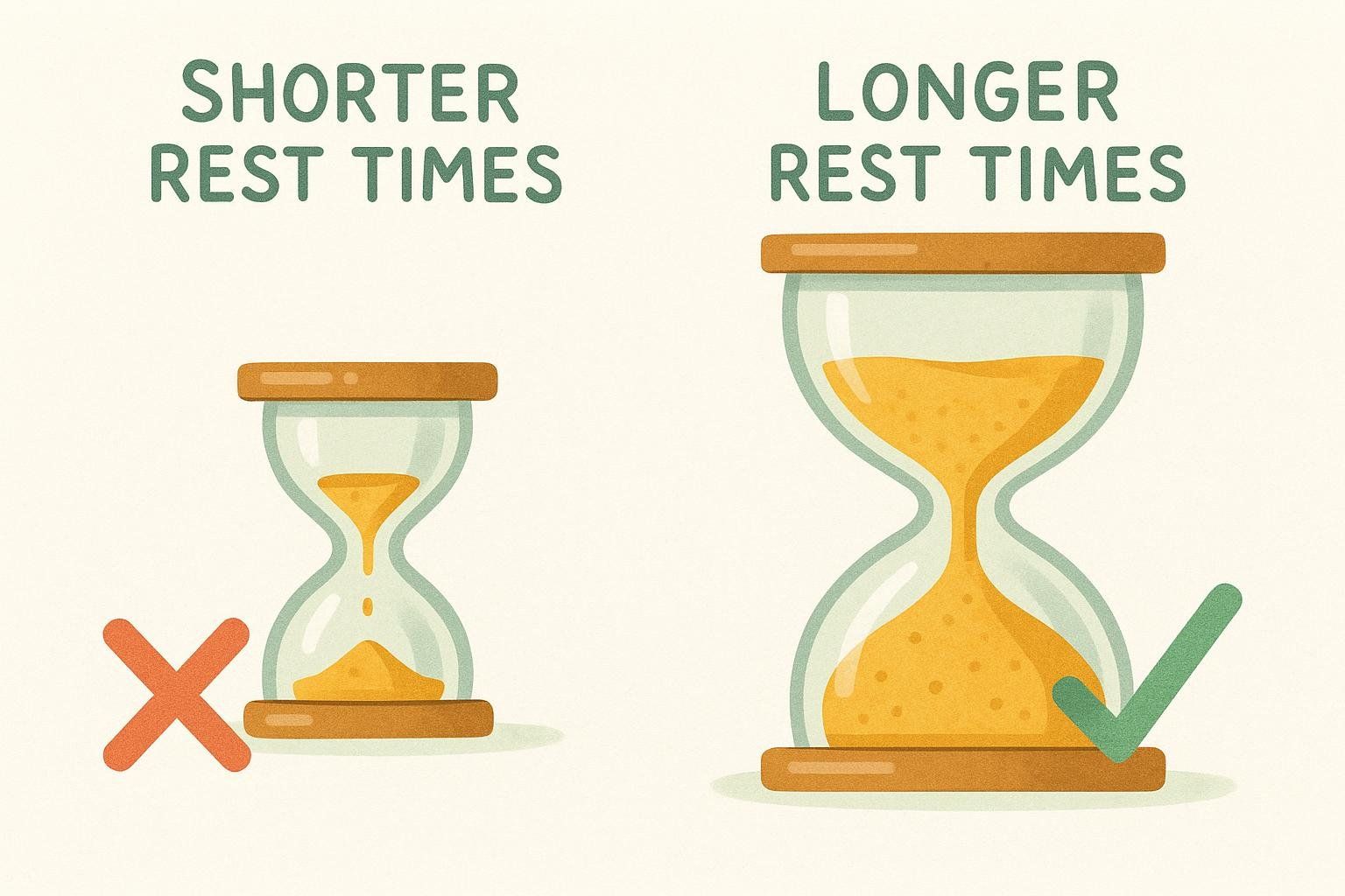 Illustration comparing a small hourglass with a red X (shorter rest times) to a large hourglass with a green checkmark (longer rest times), suggesting the latter is better.