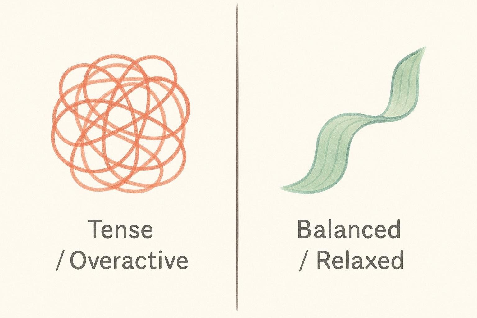 An illustration comparing a tense, knotted muscle to a relaxed, balanced muscle.