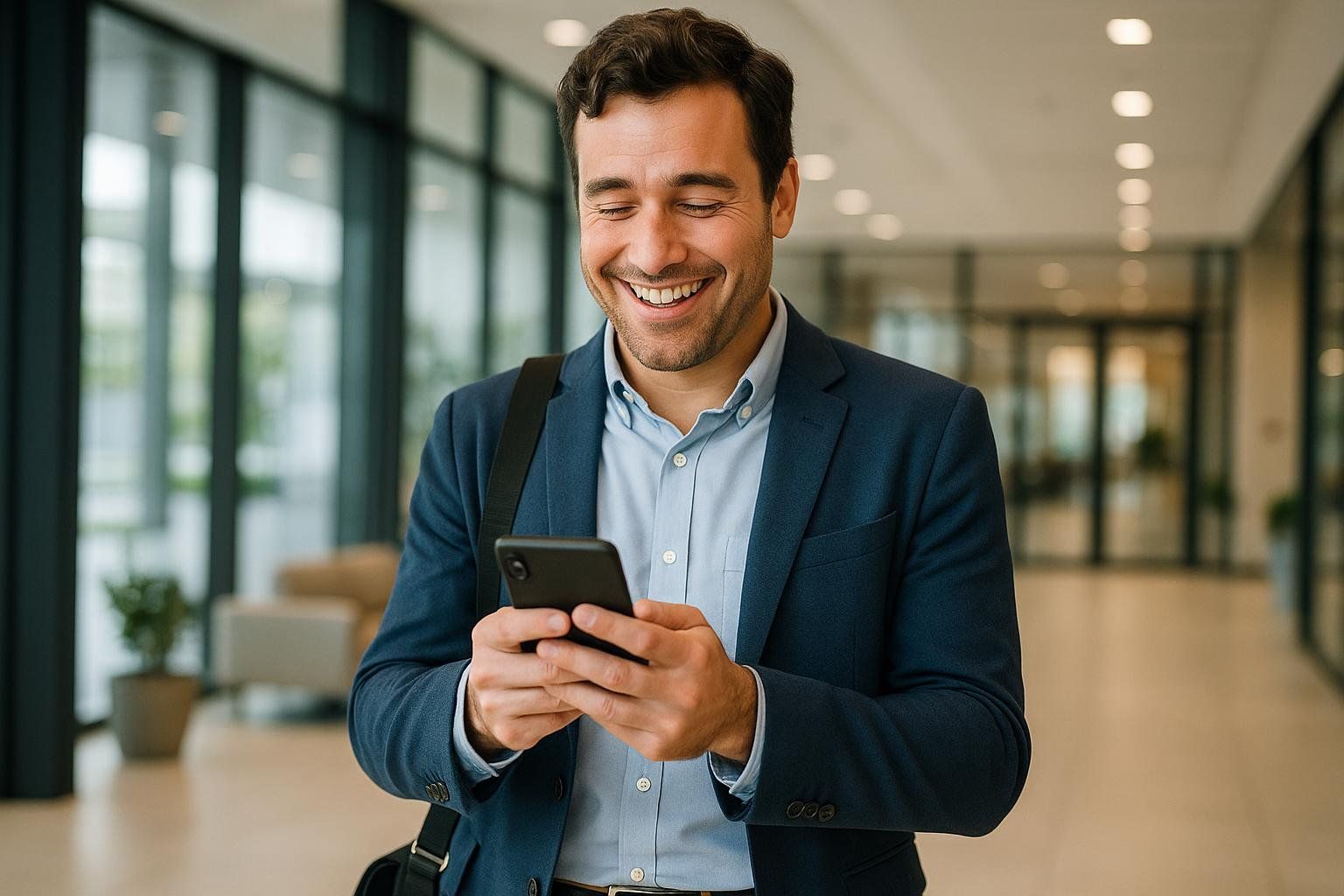 A man in a blue suit and light shirt smiles broadly while looking at his smartphone in a bright, modern office hallway.