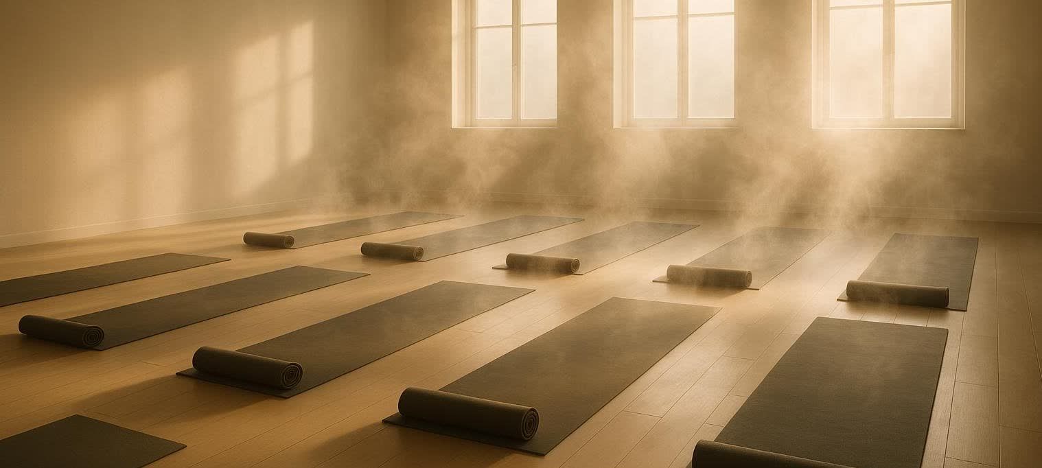 An empty hot yoga studio with several dark yoga mats unrolled but still curled at one end, arranged in rows on a light wooden floor. Warm light streams in from large windows at the back, illuminating gentle steam rising from the floor.