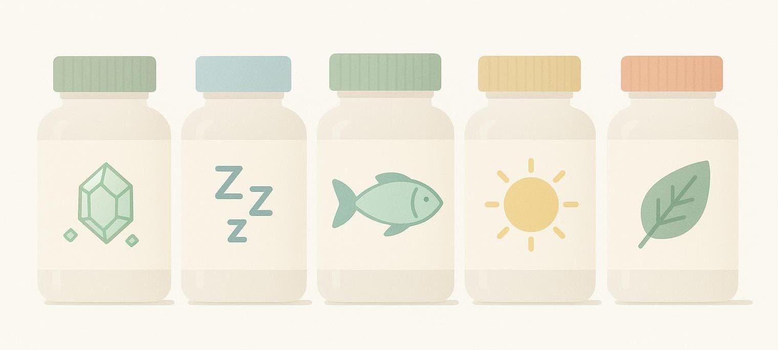 An illustration showing five minimalist supplement bottles with icons related to keto essentials: electrolytes (a crystal), magnesium (Zzz's), omega-3s (a fish), Vitamin D (a sun), and fiber (a leaf).