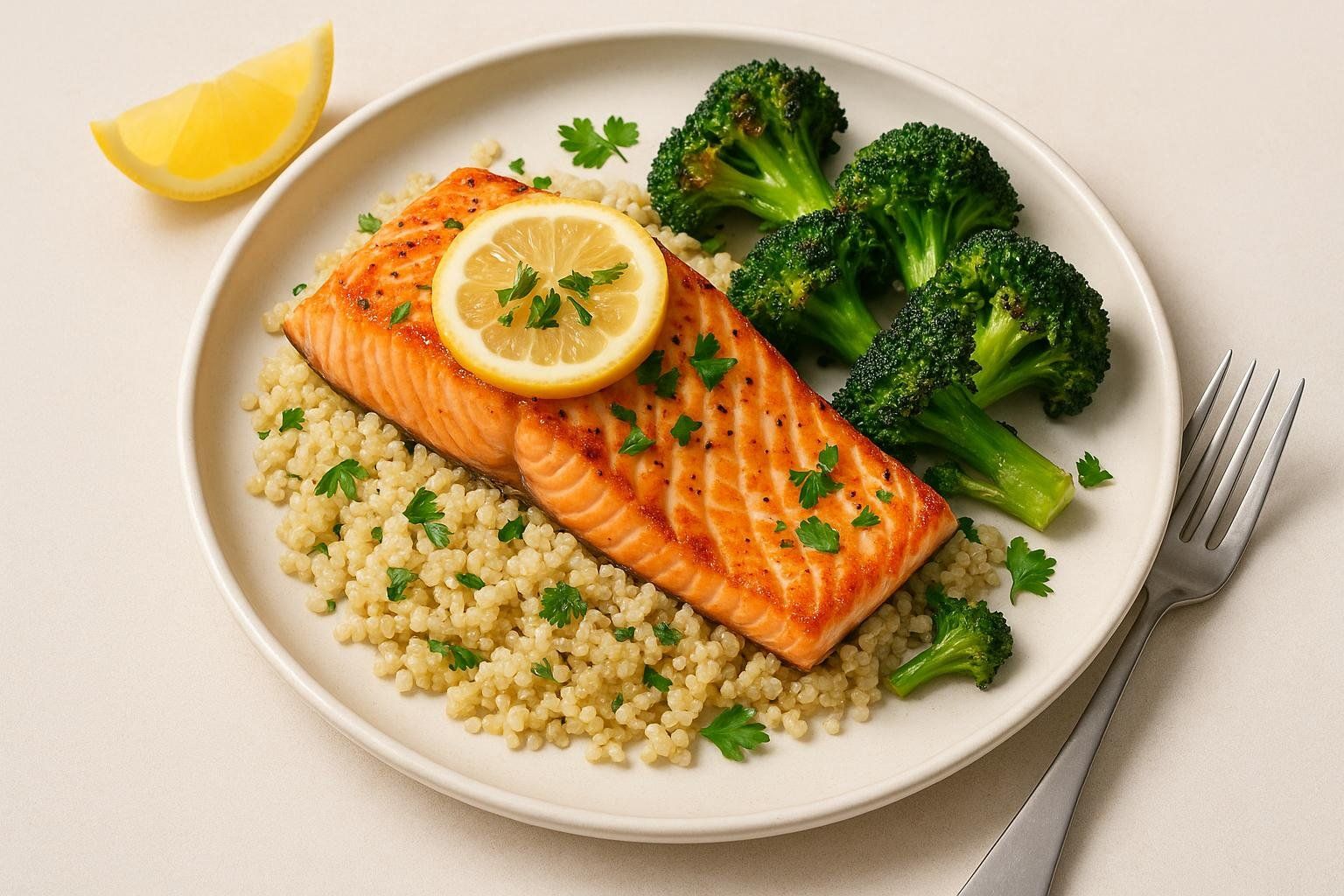 A healthy and delicious Mediterranean plate of grilled salmon, quinoa, and roasted broccoli for a busy professional.