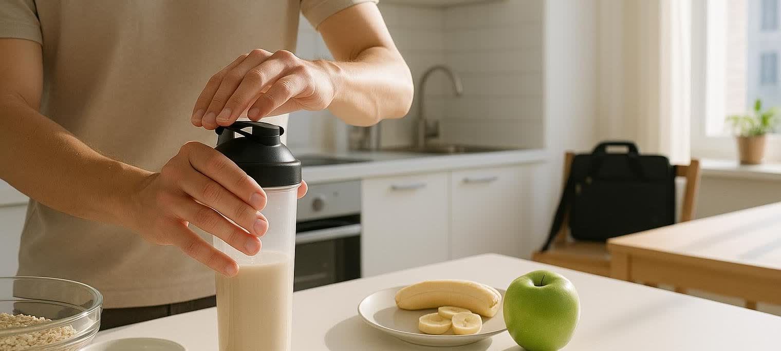 A person in a light brown t-shirt is in a bright kitchen, putting the black lid on a transparent shaker bottle filled with a light-colored meal replacement shake. On the white counter to the right, there's a plate with a whole banana and sliced bananas, and a green apple next to it. In the background, part of the kitchen counter and a window are visible.