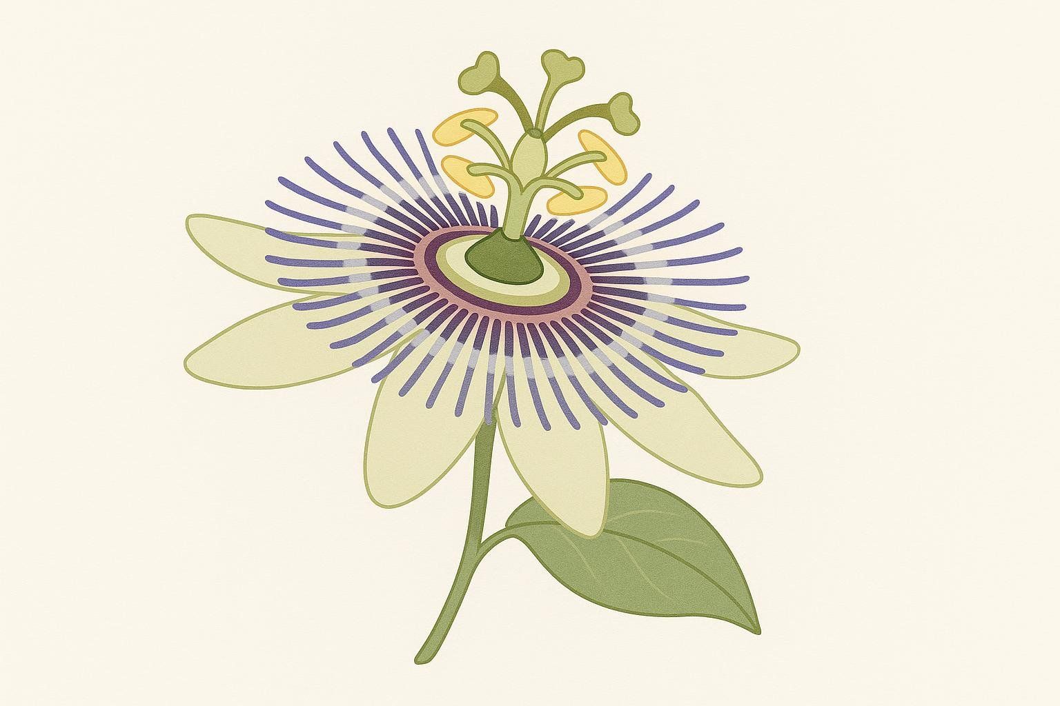 A stylized illustration of a passionflower against a light background. The flower features light cream petals, a complex purple and blue corona, and prominent green and yellow reproductive structures.