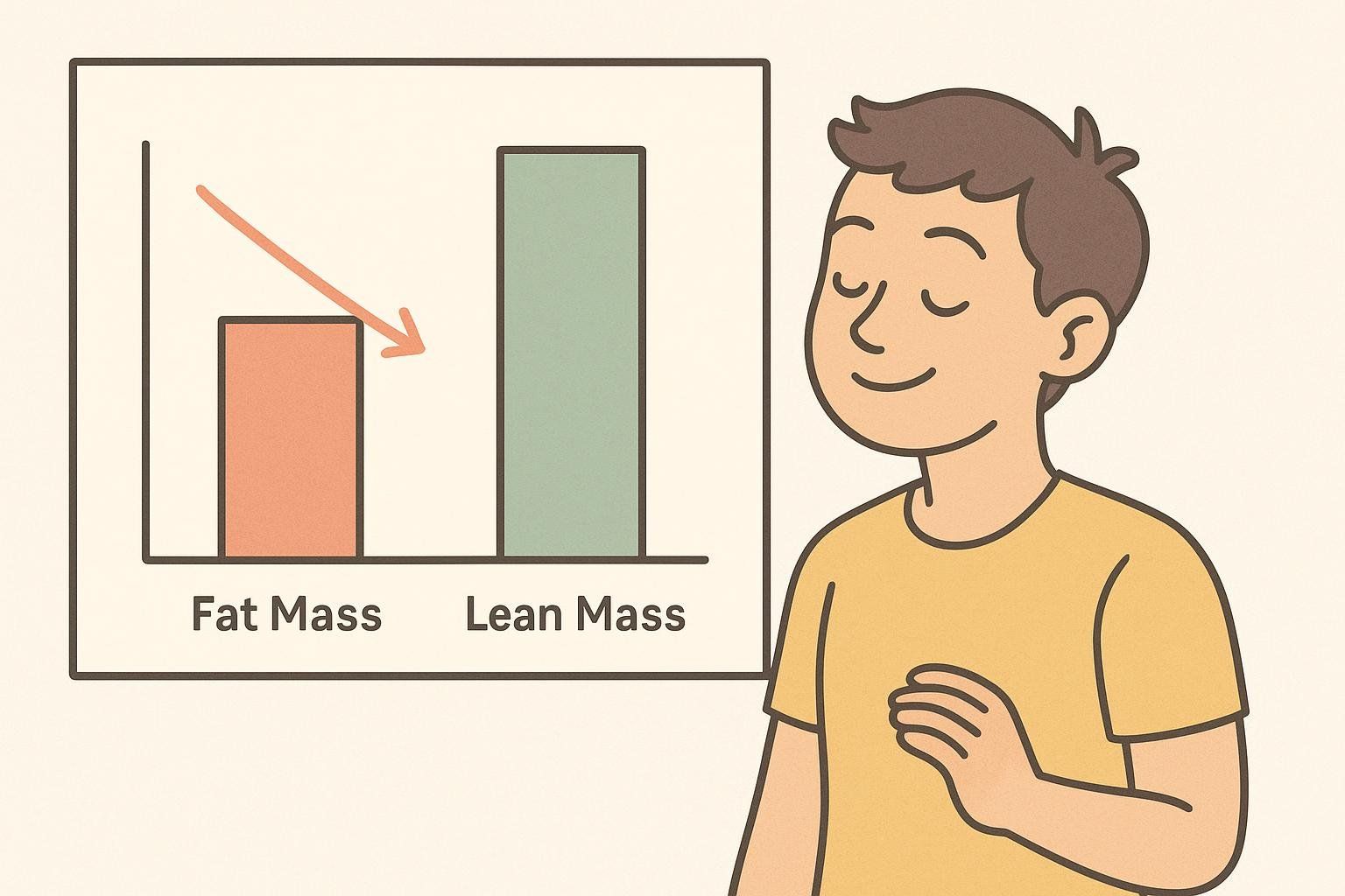 Illustration of a person happily looking at a bar chart that shows their 'Fat Mass' decreasing with an orange down arrow and their 'Lean Mass' remaining high or increasing.