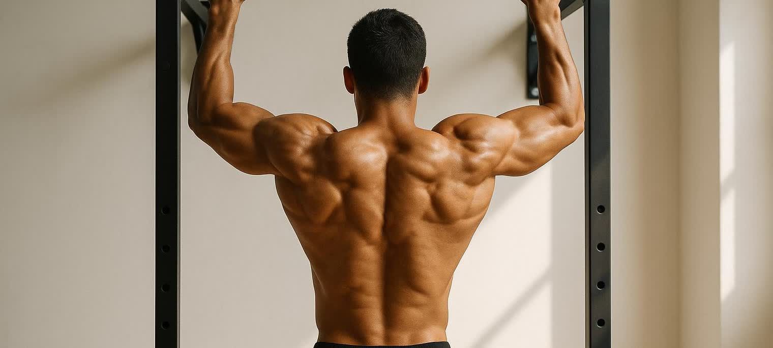 A muscular man with a well-defined back and shoulders performing a pull-up on a wall-mounted bar from a rear perspective.
