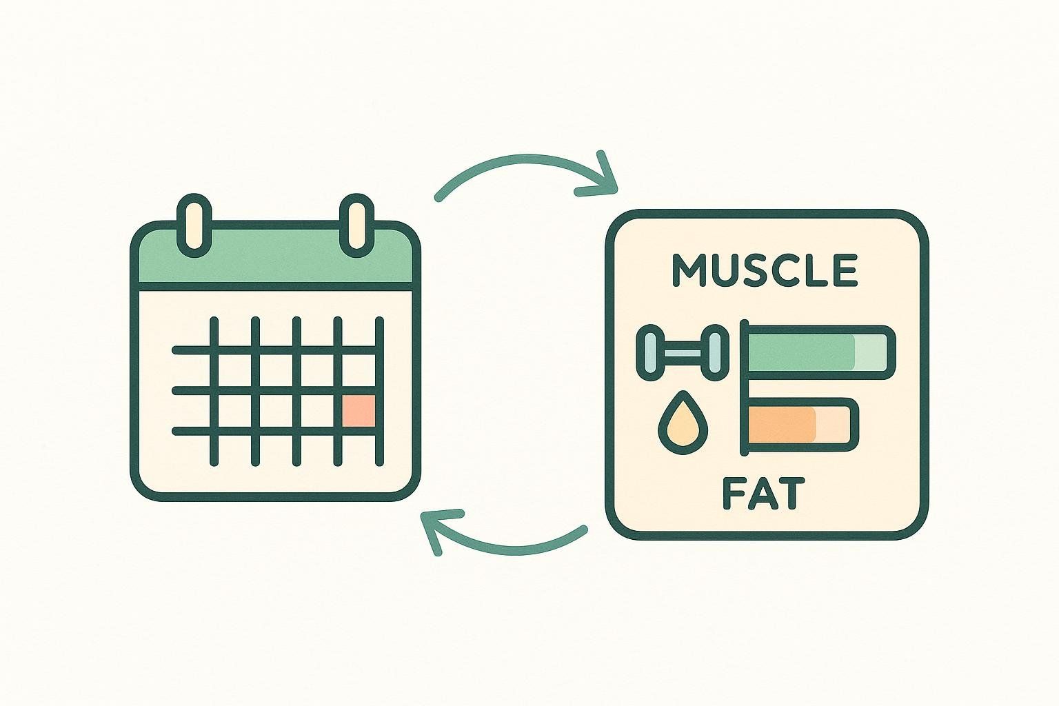 An icon of a calendar next to a body composition chart, representing the recommendation to test RMR every 3-6 months. The chart shows levels for muscle and fat.