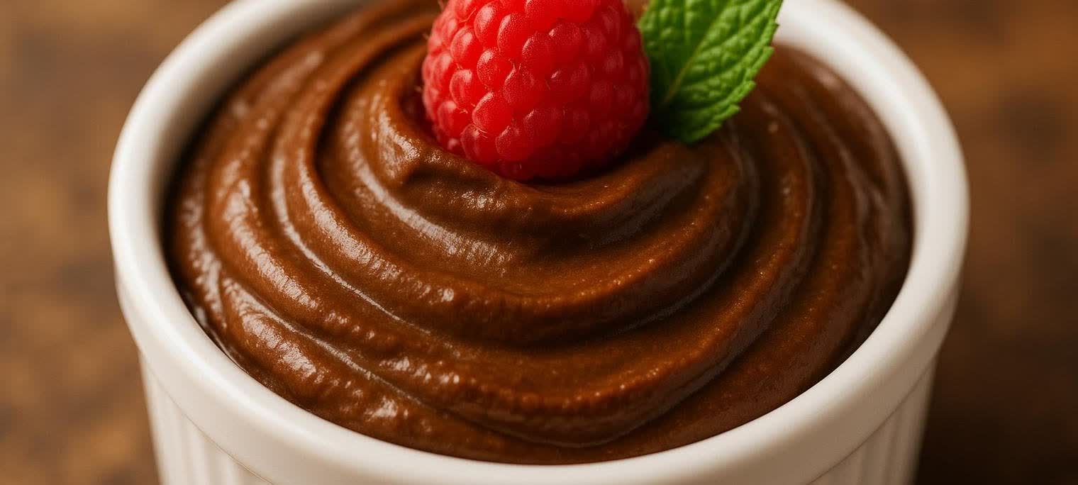Extreme close-up of a serving of creamy chocolate avocado pudding garnished with a vibrant red raspberry and a fresh green mint leaf. The pudding has a rich brown color and swirled texture.