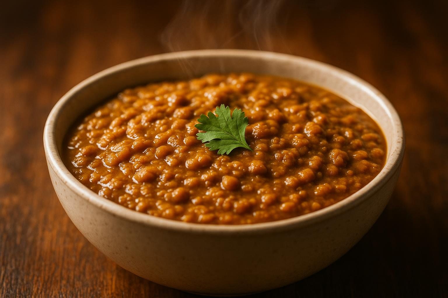A close-up of a warm bowl of lentil curry with a single cilantro leaf for garnish, emitting a light steam against a dark wooden background. It's an example of a healthy, fiber-rich dinner.