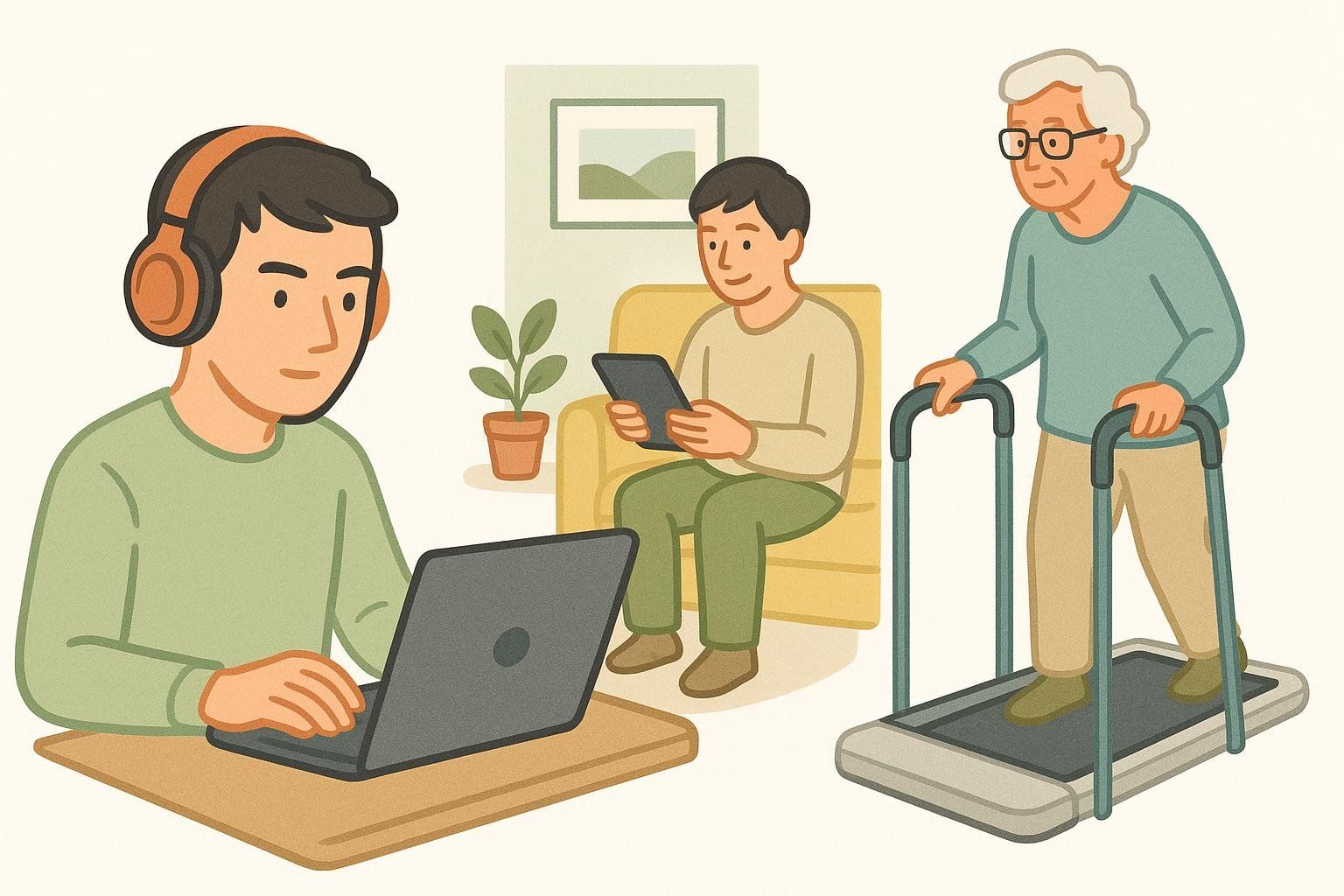 Illustration of three different user types for walking pads: a remote worker, an apartment dweller, and an active senior.