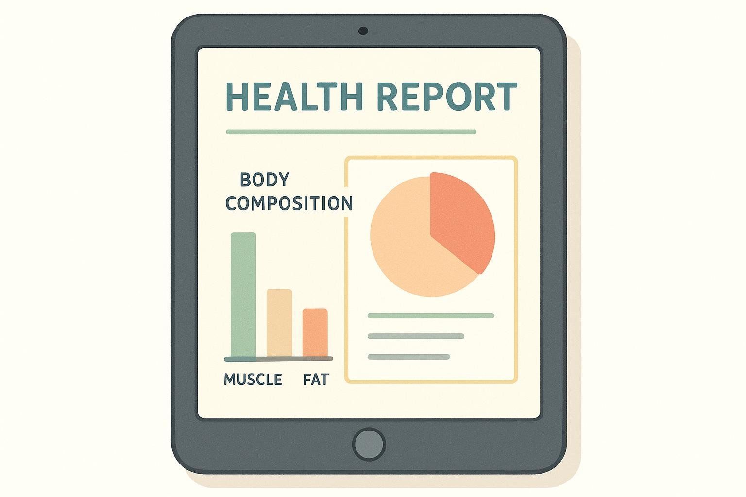 A stylized illustration of a tablet displaying a 'Health Report' with 'Body Composition' data. The screen shows a bar chart with 'Muscle' and 'Fat' labels, alongside a pie chart and lines representing additional information, suggesting a comprehensive health overview.