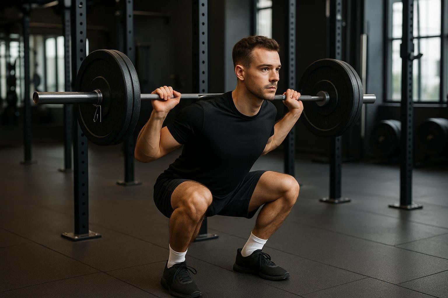 A man in a black t-shirt and shorts performs a barbell squat in a gym, demonstrating good form.