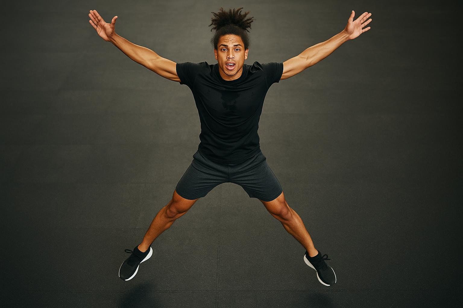 A man in athletic wear is captured mid-air, at the peak of a jumping jack, with his arms and legs outstretched, performing a full-body power exercise against a dark background.