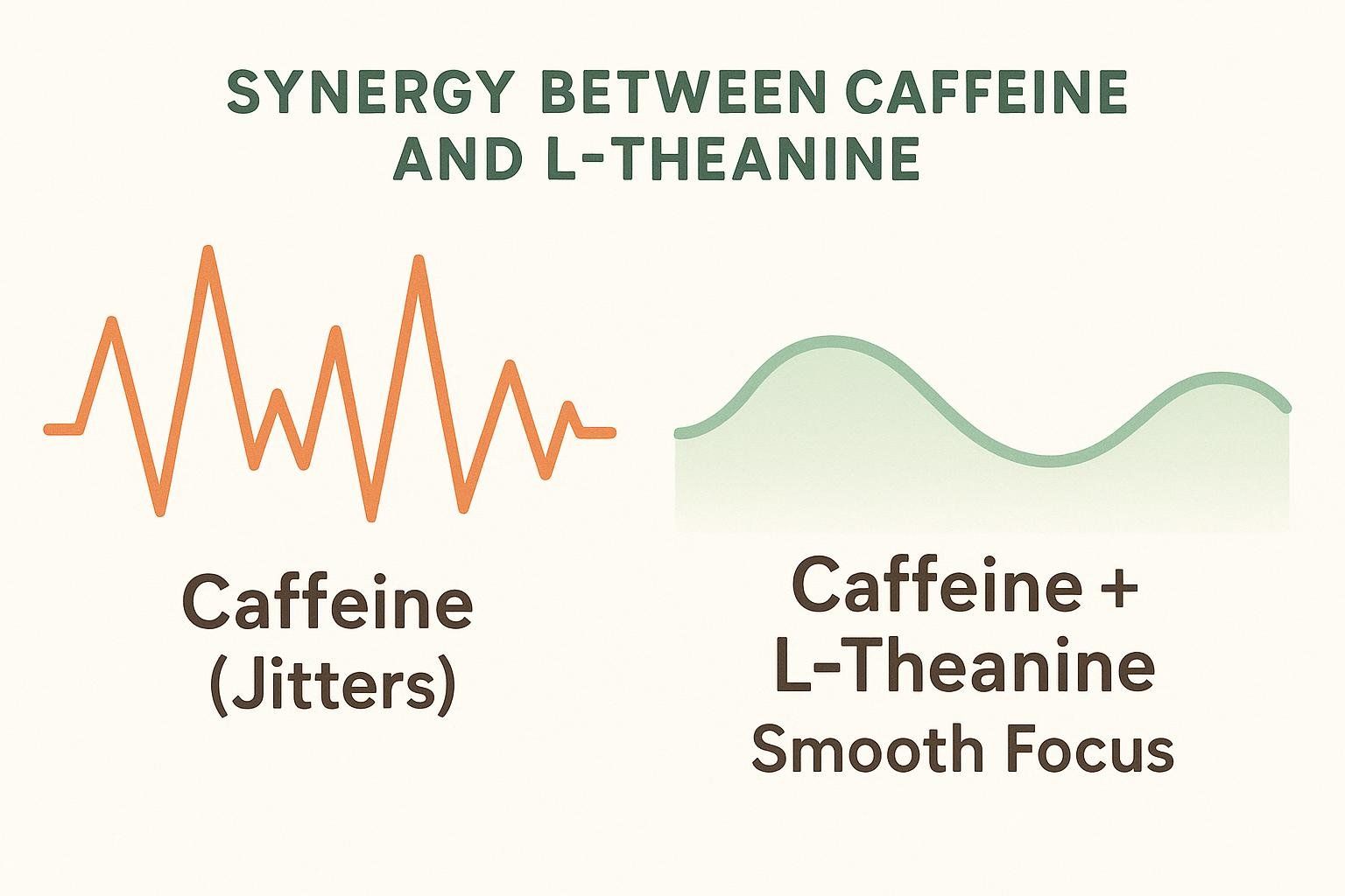 An infographic illustrating the synergy between caffeine and L-Theanine. The left side shows an erratic orange waveform labeled 'Caffeine (Jitters)'. The right side shows a smooth green waveform labeled 'Caffeine + L-Theanine Smooth Focus', suggesting that L-theanine mitigates the jittery effects of caffeine for balanced focus.
