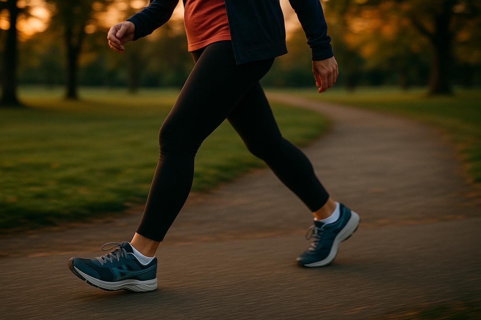 A person's legs and feet walking briskly on a paved path outdoors, wearing black leggings and athletic shoes.
