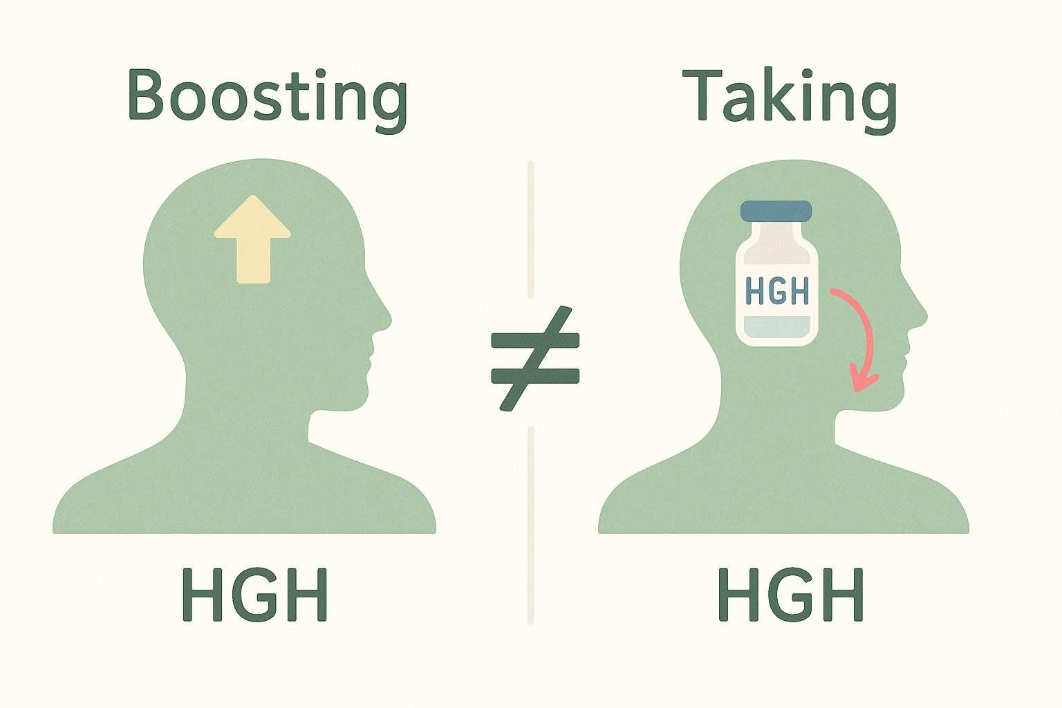 An illustration contrasting boosting the body's own HGH production (shown with an upward arrow in a head silhouette) with taking an external source of HGH (shown with a vial and an arrow indicating ingestion into a head silhouette), separated by a large 'not equal to' symbol, emphasizing they are different.