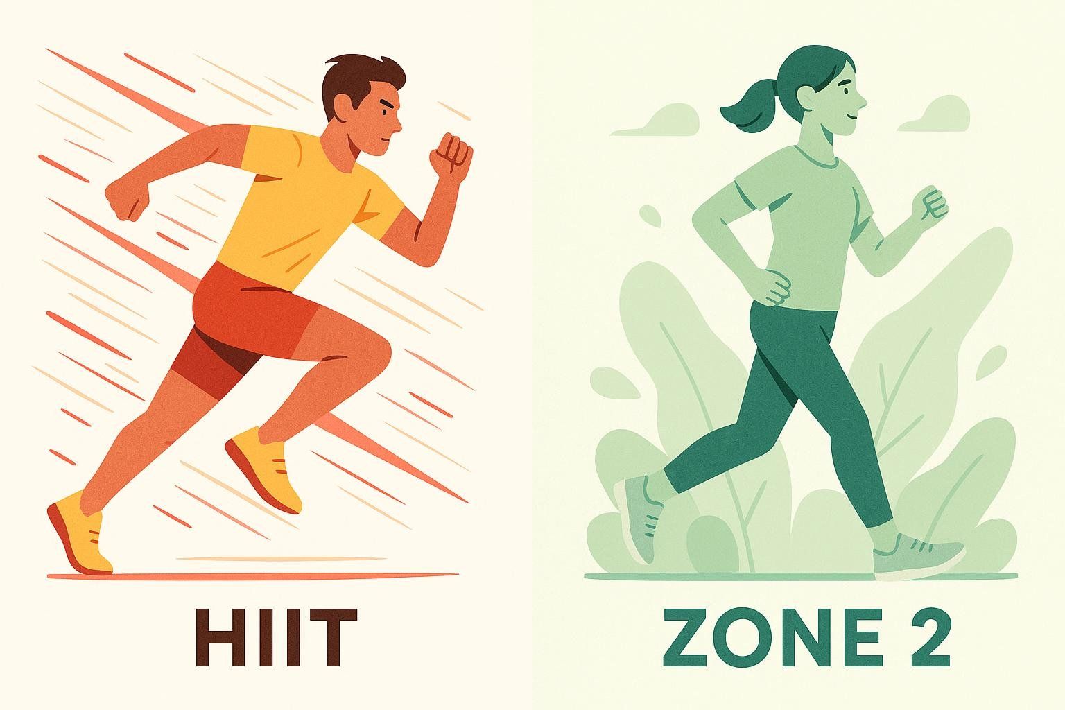 A split-screen illustration comparing high-intensity interval training (HIIT) with steady-state Zone 2 endurance training. The left side shows a man sprinting, labeled 'HIIT', while the right side shows a woman jogging at a relaxed pace, labeled 'ZONE 2'.