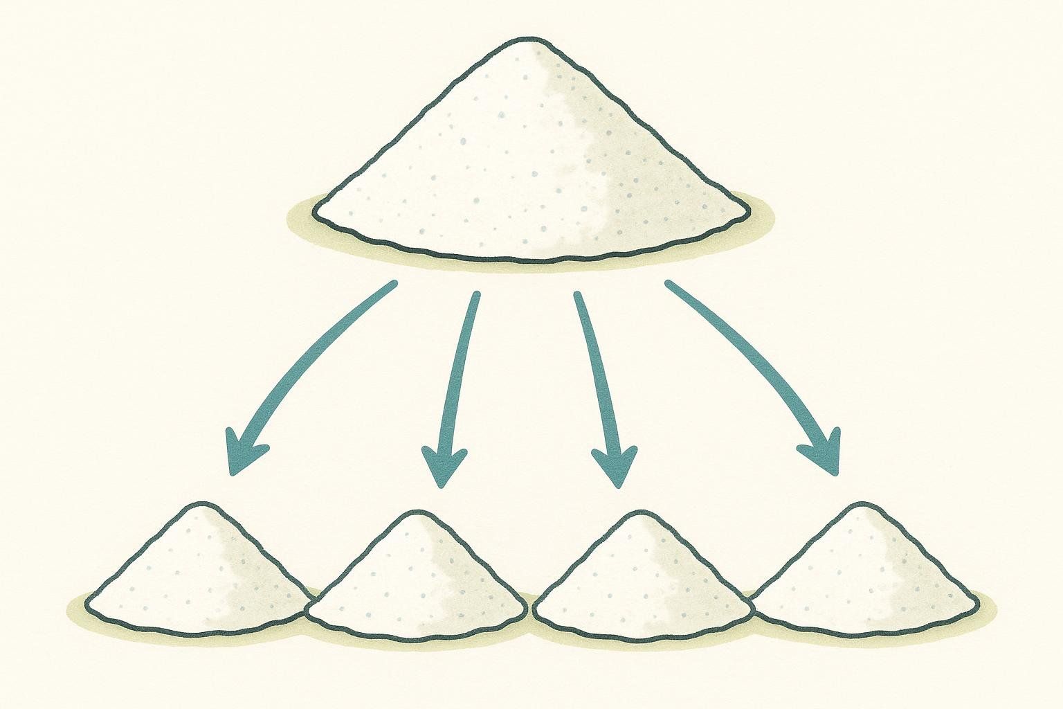 An icon showing one large dose of creatine powder being split into four smaller, equal doses, with arrows pointing from the large pile to the four smaller piles indicating division. This illustrates a method for better tolerance by taking smaller, more frequent doses.