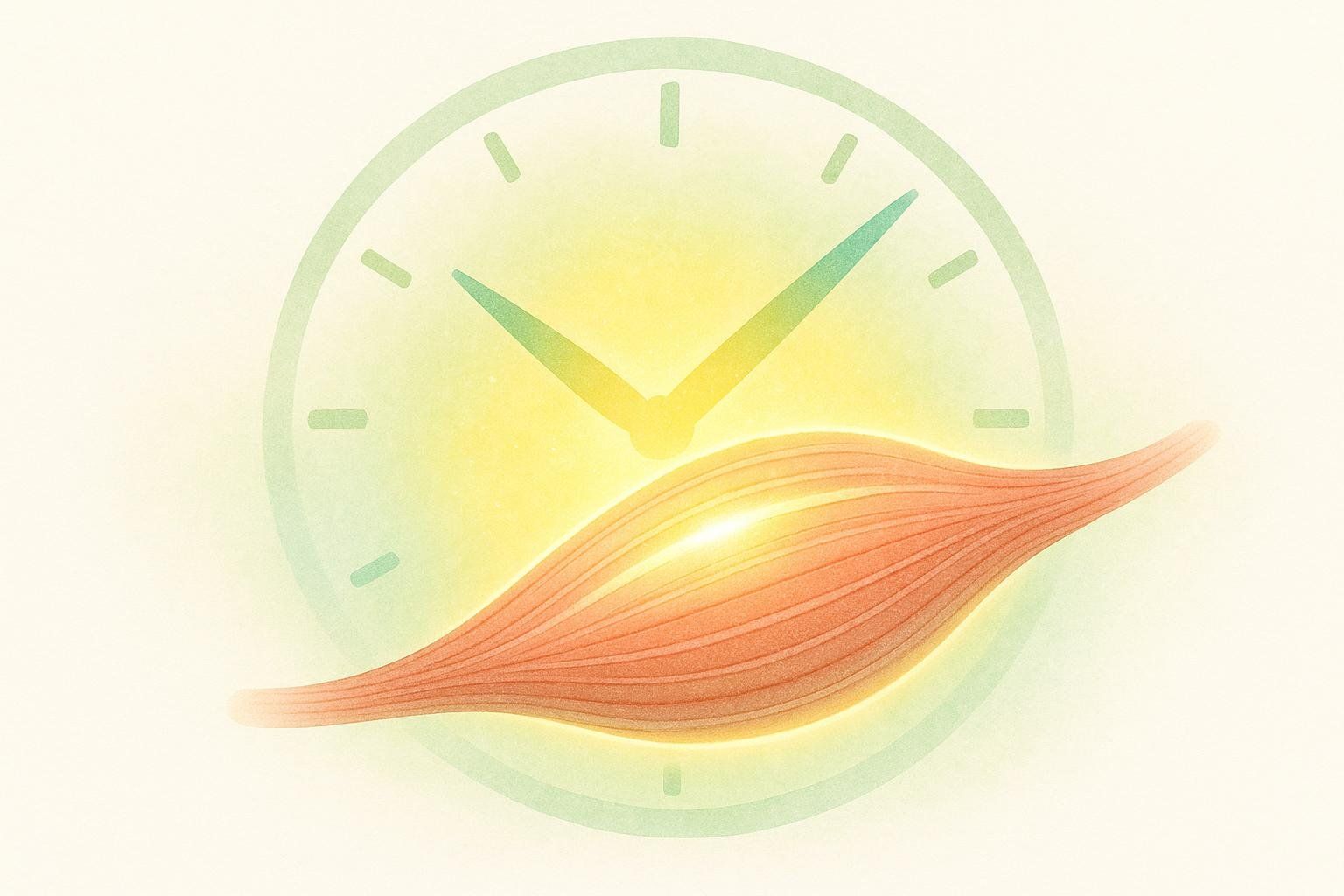An glowing muscle fiber over a clock icon, symbolizing that muscle-building continues for 24-48 hours after a workout.